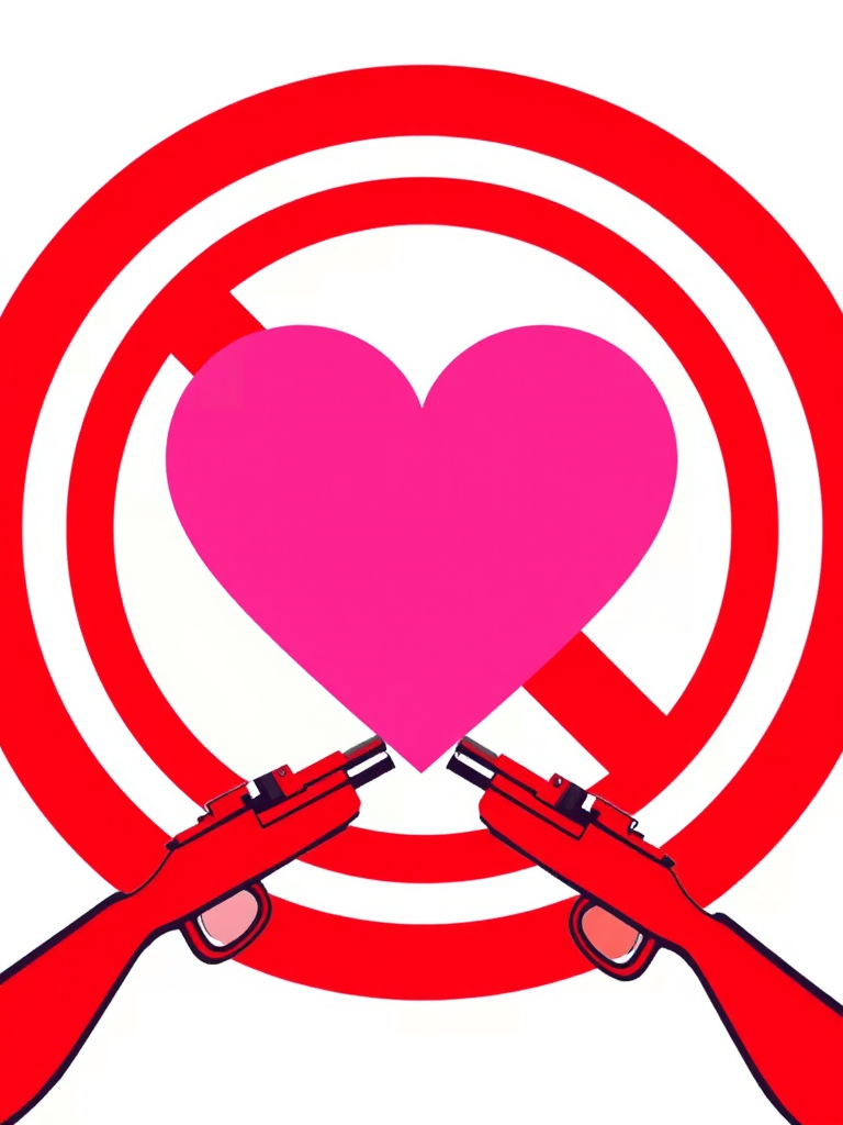 Create a graphic design featuring a large pink heart inside a bold red circle, overlaid on a red prohibition sign with crossed rifles, use a flat design style, with high contrast and vibrant colors, captured with a digital camera at f/8 aperture, 35mm lens, ISO 100, in natural lighting.