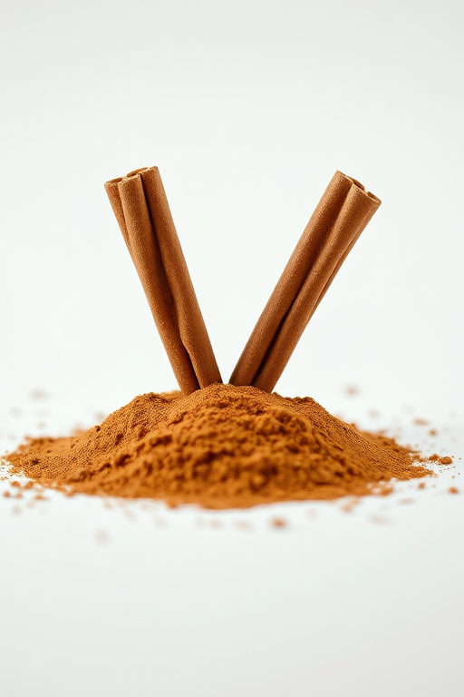 cinnamon sticks levitating above a pile of ground cinnamon, high-key lighting, shallow depth of field, macro lens, f-stop f/2.8, ISO 100, 1/200s, white background, soft shadows