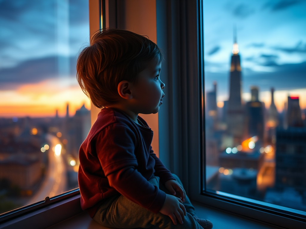 A child sitting on a windowsill looking out at a city skyline at dusk, captured with a Canon EOS R5, 50mm lens, f/1.8, ISO 400, 1/60 sec, natural soft lighting, shallow depth of field, and vibrant color enhancement for atmospheric effect.