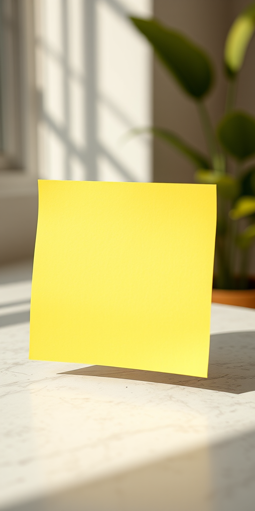 Create an image of a large yellow sticky note placed on a textured surface with soft natural lighting, using a Canon EOS R5 camera, settings: f/2.8 aperture, 1/100 sec shutter speed, ISO 100, shot from a 45-degree angle with a shallow depth of field for a blurred background, style: minimalistic and clean.