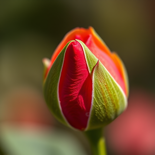 capture a close-up shot of a rosebud with vivid colors, soft background blur, natural lighting, ISO 200, aperture f/2.8, shutter speed 1/100, DSLR camera, macro lens, focused on the rosebud