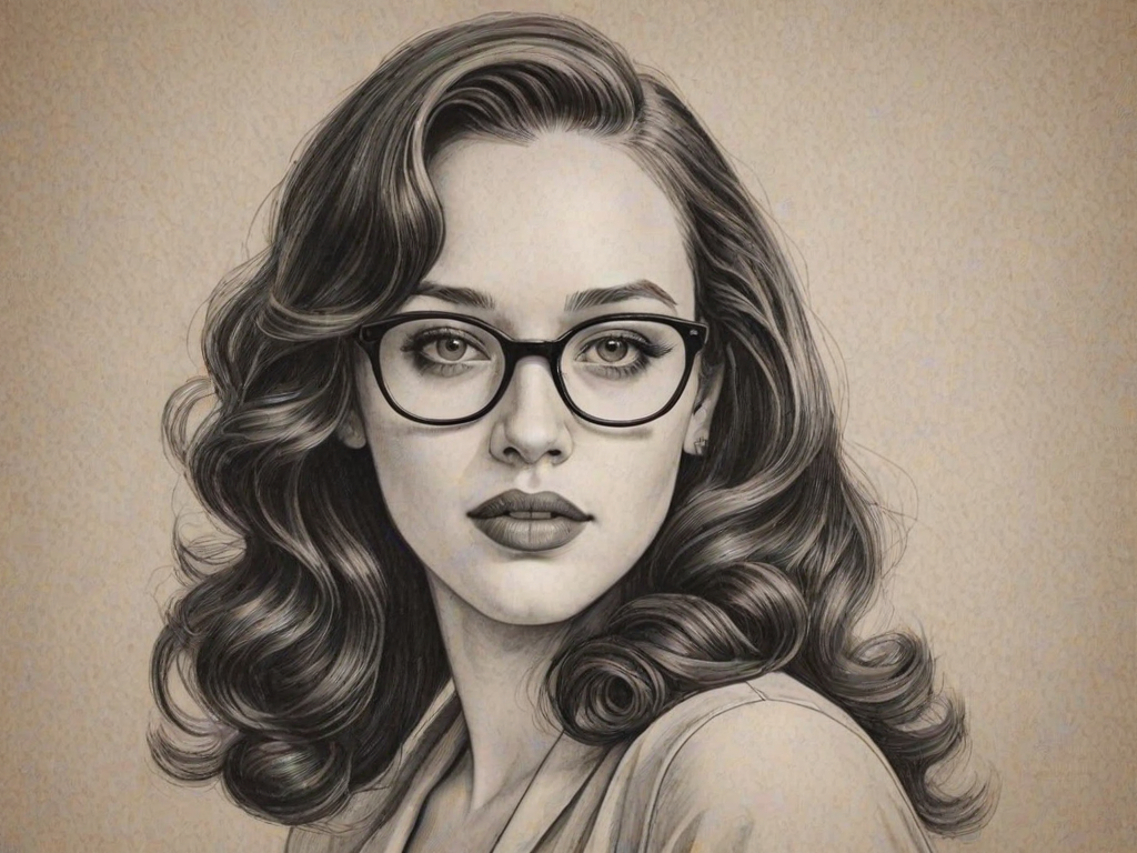 Magnificent Kat Dennings, pencil sketch, portrait of Bewitching woman 1953s in glasses, hair style beatnik, outline, clear lines, fine lines, 8k