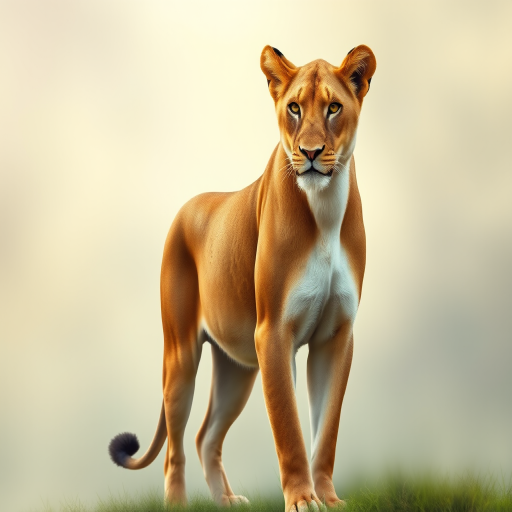 A realistic illustration of a lioness standing gracefully, with emphasis on its muscular build and expressive eyes, in a soft-focus background, captured with a Canon EOS 5D Mark IV, 50mm f/1.8 lens, f/2.8 aperture, ISO 200, 1/200 sec shutter speed, in natural lighting.