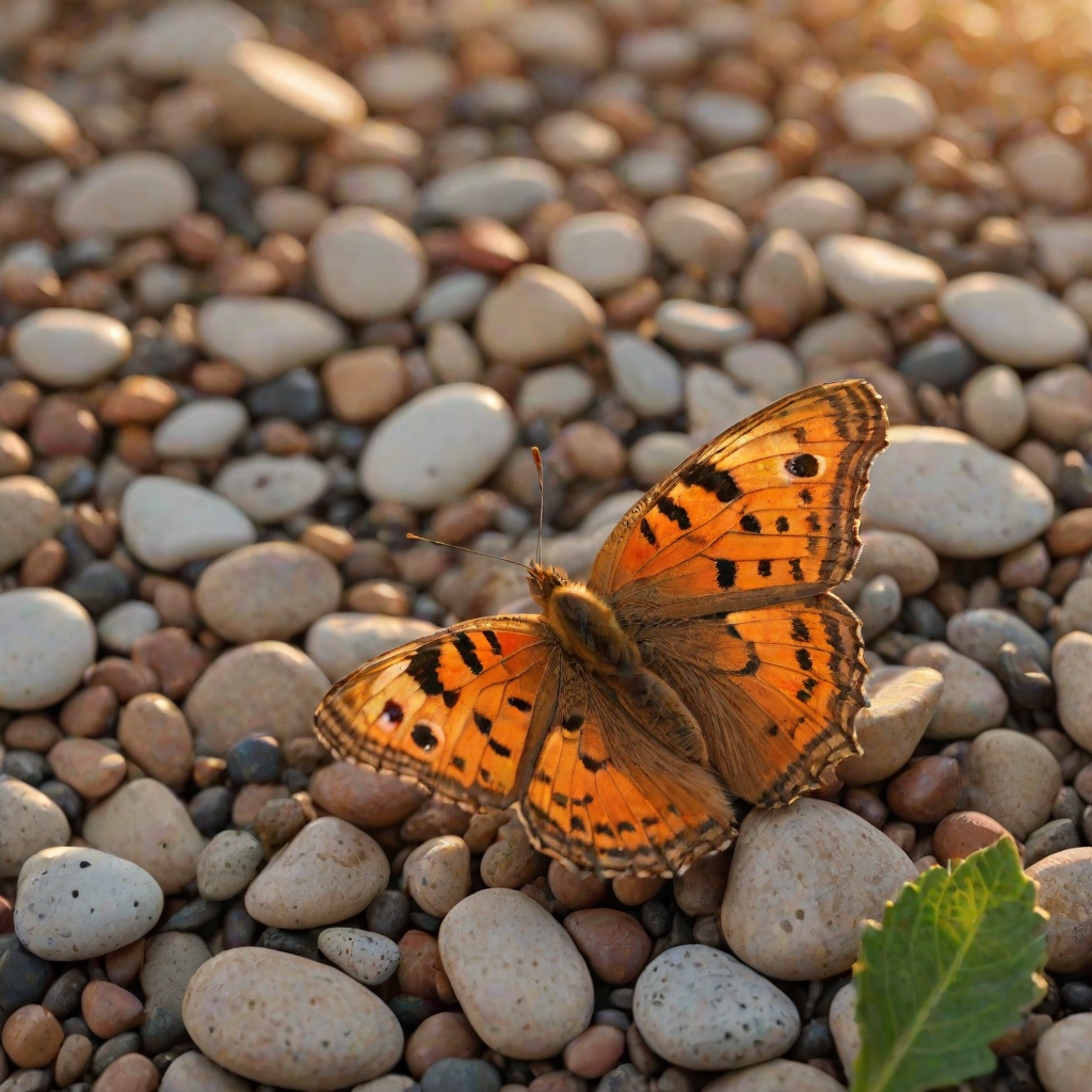 A vibrant orange and yellow butterfly with black markings is perched on a bed of small, brown pebbles in the warm, golden light of a setting sun. The butterfly is facing the viewer with its wings slightly raised, creating a sense of delicate movement. The background is a soft, blurred green and yellow, creating a gentle, natural atmosphere. The image is captured in a close-up perspective, focusing on the butterfly's intricate details and the warm glow of the sunlight.