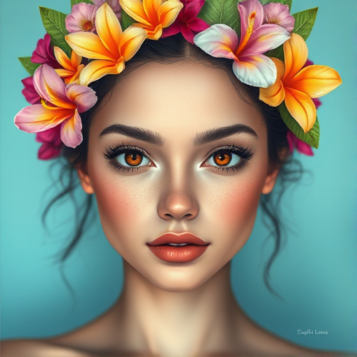Create a digital illustration of a woman with a serene expression, adorned with a variety of colorful tropical flowers in her hair, featuring rich brown eyes and smooth skin, shown from a front-facing view with a soft focus, using a 50mm lens, aperture f/1.8, ISO 100, and a Canon DSLR style to enhance image quality and detail.