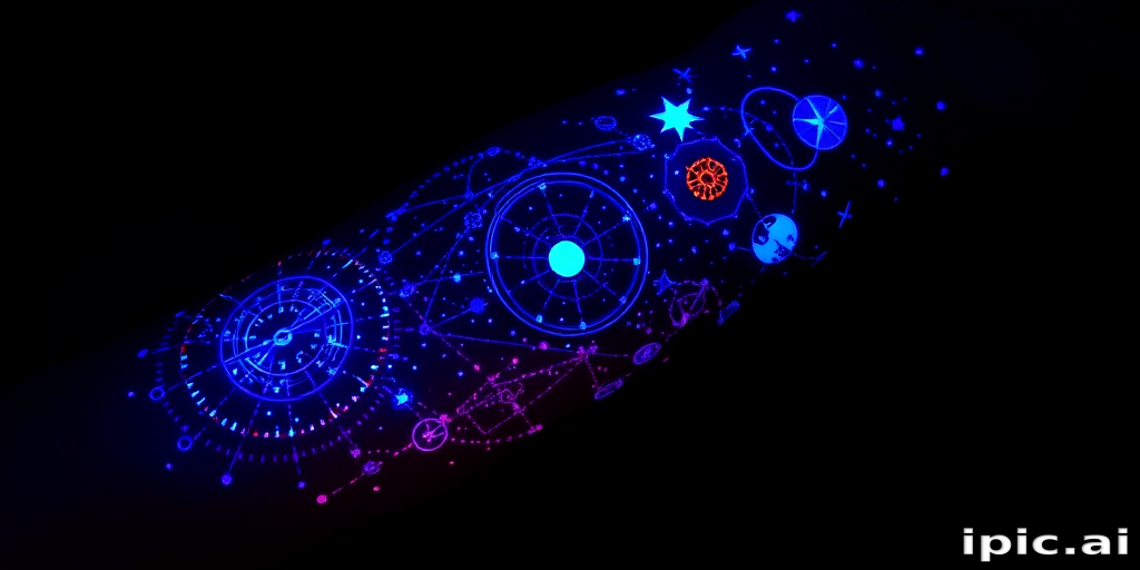 Mystical UV ink tattoo titled "Celestial Secrets" revealing hidden constellations and cosmic imagery when exposed to blacklight, creating a magical and otherworldly effect on the forearm