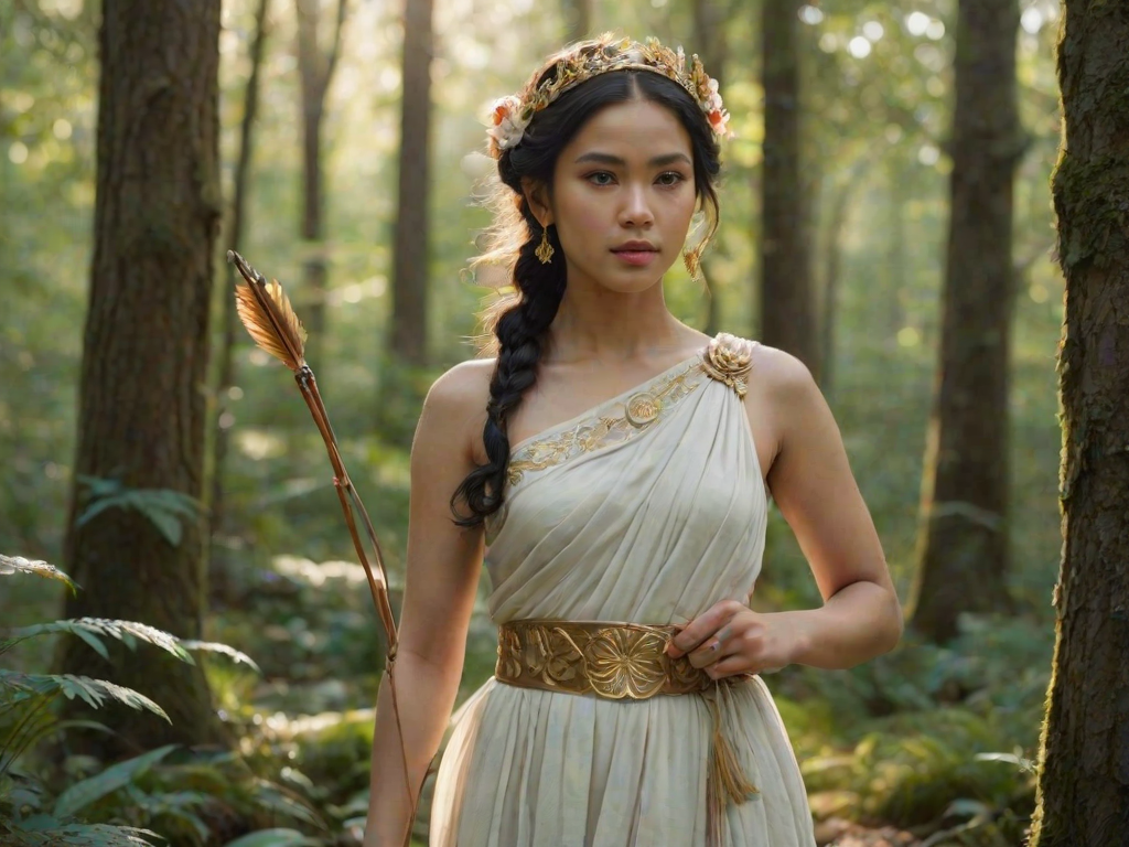 Create a portrait of a goddess-like Indonesian girl figure in a tranquil, forested environment. She has an elegant appearance with long, wavy hair styled in an updo and adorned with a delicate, floral headband. She wears a flowing, ancient Greek-inspired gown in a soft, pale color, featuring a one-shoulder design and draped fabric that accentuates her graceful form. The outfit includes a decorative belt with ornate gold detailing, and she holds a bow in her hand, with a quiver of arrows slung over her shoulder. The background depicts lush greenery, with sunlight filtering through the trees, casting a gentle, ethereal light on the scene. Her expression is calm and contemplative, embodying a sense of wisdom and serenity.
