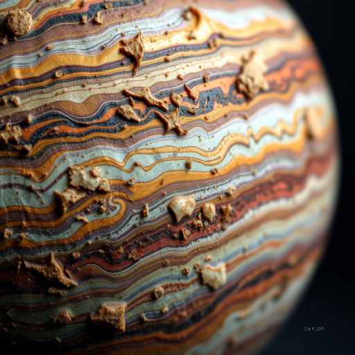 Create a detailed image of a textured planet with swirling colors and intricate patterns resembling Jupiter, captured with a Canon EOS R5, 50mm lens, f/1.8 aperture, ISO 100, in vivid colors with a focus on depth and contrast, using a macro photography style to enhance the intricate details.