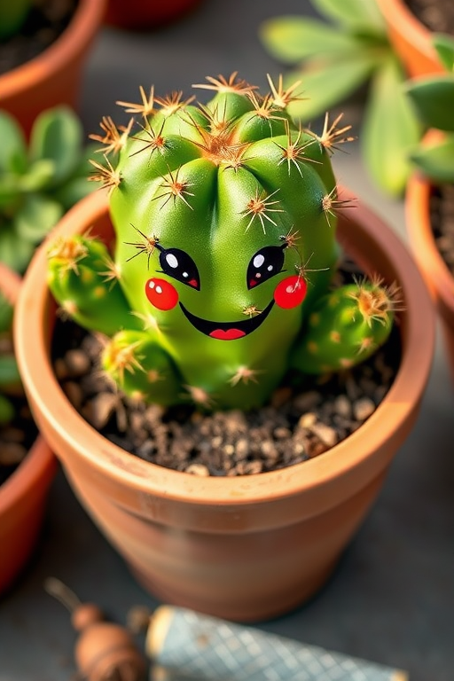 Generate a vibrant, cartoon-style image of a smiling cactus in a terracotta pot, using a DSLR camera, aperture f/2.8, shutter speed 1/60s, ISO 100, top-down view, natural lighting for better color saturation and detail enhancement.