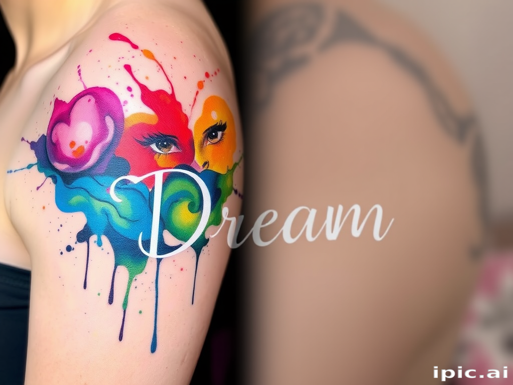 Watercolor splash tattoo named "Liquid Dreams" with vibrant abstract paint splatters and drips in a rainbow of colors blending seamlessly with delicate linework silhouettes