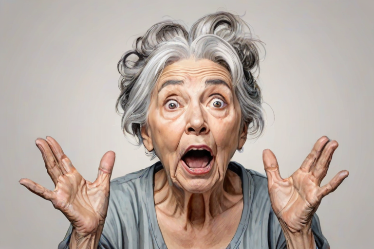scribbly unfinished sketch, old lady with messy gray hair in a loose bun, surprised expression, mouth open, hands clasped together in front of her chest. Her eyes are wide, eyebrows are furrowed. vibe of shock or surprise.