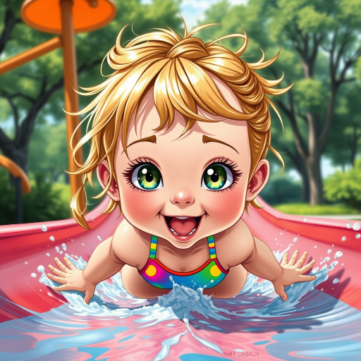 A sassy caricature toddler girl with medium highlighted hair in a messy braid, light eyes, fluffy long lashes, silly funny faces, wearing a colorful swimsuit, going down a waterslide face first, lots of water, created in highlighted chalk style, vibrant colors, background is a park with acrylic paint, airbrush