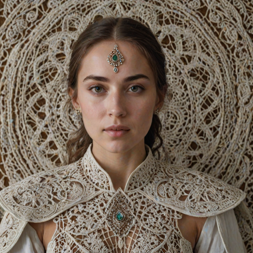 Face, shoulders, chest covered in openwork Circassian embroidery. Raw, unedited image.