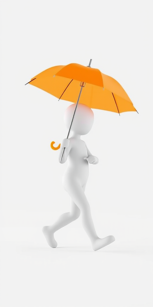 Create a 3D rendering of a white stick figure walking while holding an orange umbrella against a plain white background, using a Canon EOS R5, 50mm lens, aperture f/2.8, ISO 100, natural lighting, and a slight low-angle view for enhanced depth.