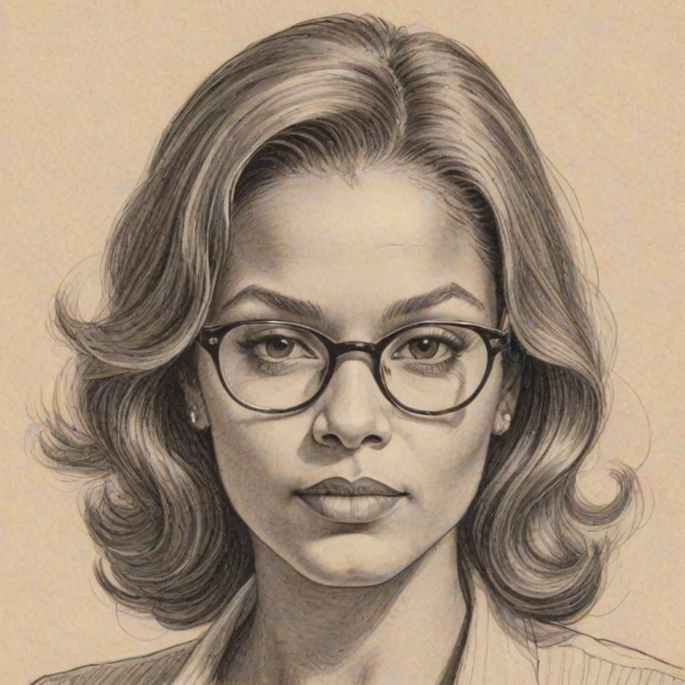 Enchanting Mo'Nique, pencil sketch, portrait of Splendid woman 1973s in glasses, hair style beatnik, outline, clear lines, fine lines, 8k