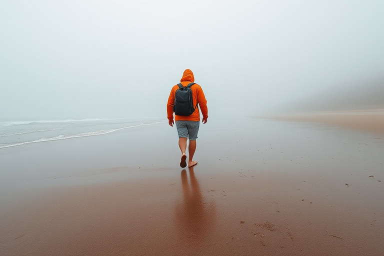 A person in an orange jacket and shorts walking barefoot on a foggy beach carrying a backpack and shoes, wide-angle lens, f/4 aperture, ISO 100, 24mm focal length, soft natural lighting, DSLR camera.