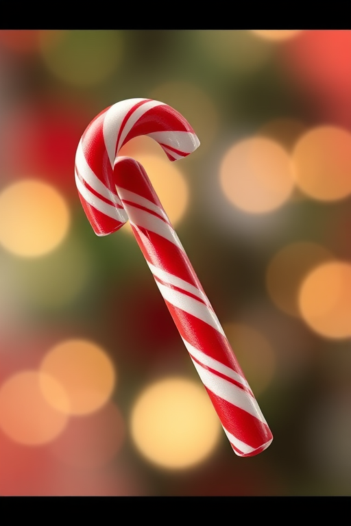 Create a high-resolution illustration of a traditional candy cane with red and white stripes, captured from a slightly elevated angle, using a shallow depth of field to emphasize the candy cane while softly blurring the background, shot with a DSLR camera at f/2.8, ISO 100, and a focal length of 50mm.