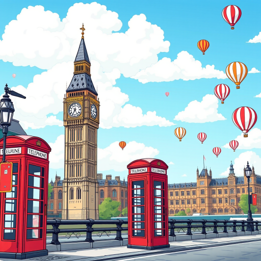 Create a vibrant illustration of London featuring Big Ben, a red telephone box, and hot air balloons, with a clear blue sky and fluffy clouds, using a digital drawing style, shot from a slightly elevated perspective with a 50mm lens at f/8, ISO 100 for sharp details.