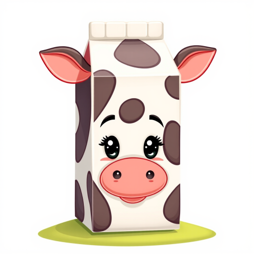 Create a high-resolution illustration of a cartoon milk carton with a cow face, isolate the carton against a white background, use a DSLR camera with a 50mm lens, set aperture to f/2.8 for a shallow depth of field, and apply vibrant colors for a playful effect.