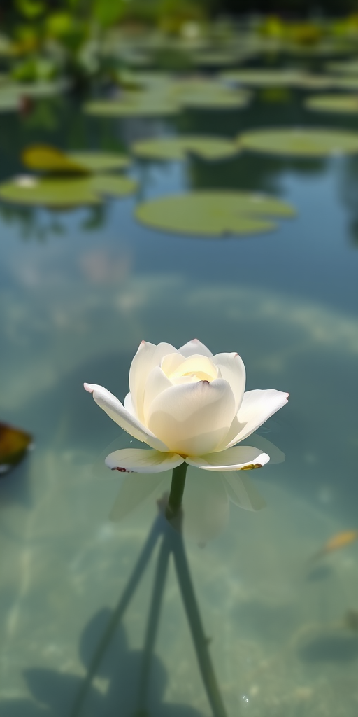 Softly focused image of a single white rose floating in a crystal-clear pond, delicate petals catching soft sunlight, with distant lily pads and vibrant green foliage barely visible in the background.