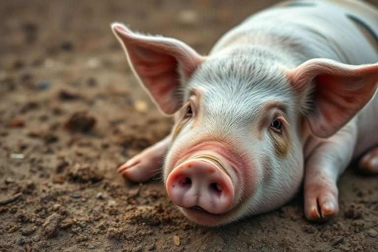 A close-up shot of a relaxed pig lying on textured ground, captured with a Canon EOS R5, 50mm lens, f/2.8 aperture, ISO 200, natural daylight, shallow depth of field to focus on the pig while softening the background.