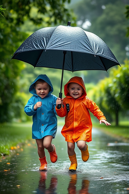 Generate a whimsical scene of two young children joyfully running in the rain under a large black umbrella, wearing colorful raincoats, surrounded by lush greenery, shot with a Canon EOS R5, 50mm lens, f/2.8 aperture, ISO 200, at a slightly low angle for a dynamic perspective, using soft natural lighting to enhance the vibrant colors and expressions.