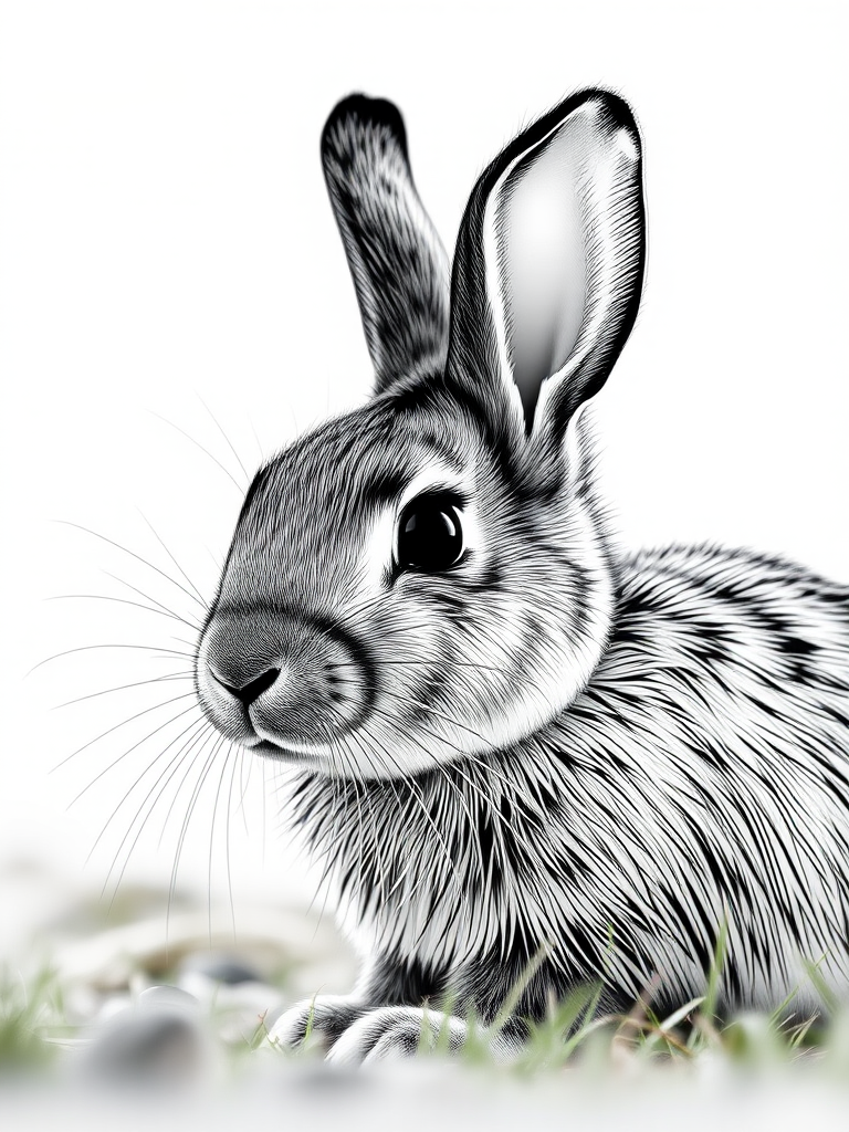 Create a highly detailed line drawing of a rabbit, captured in soft natural light, using a Canon EOS 5D Mark IV, 50mm lens, aperture f/2.8, ISO 100, 1/200s shutter speed, taken from a side view to highlight texture and depth.