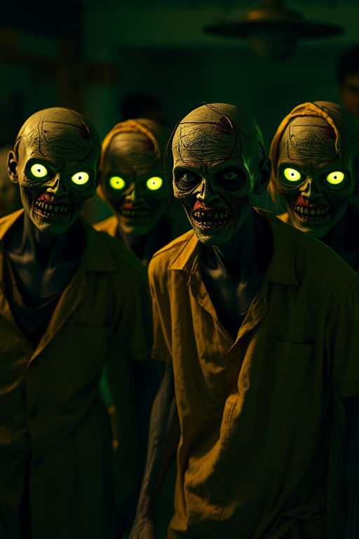 Create an eerie scene featuring four humanoid zombie figures with glowing eyes, wearing tattered yellow and green clothing, with cracked and decaying skin, dimly lit by green and yellow ambient light, shot with a Canon EOS R5 at f/1.8, ISO 800, 50mm lens, portrait orientation, shallow depth of field for a cinematic effect.
