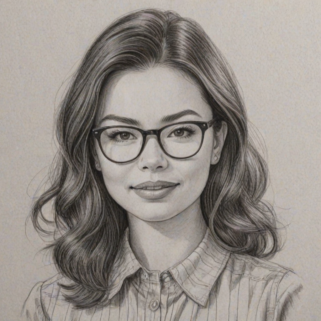 Beauteous Miranda Cosgrove, pencil sketch, portrait of Fetching woman 1946s in glasses, hair style beatnik, outline, clear lines, fine lines, 8k