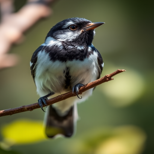A close-up shot of a black and white bird perched on a branch, captured with a Canon EOS R5 camera, 85mm lens, f/1.4 aperture, ISO 200, with a shallow depth of field and natural lighting to enhance detail and clarity.