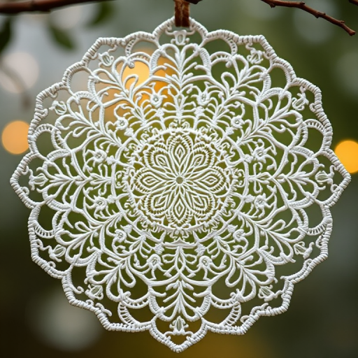 Create an intricate lace ornament design featuring detailed circular patterns and floral motifs, captured with a Canon EOS R5, 50mm lens, f/1.8 aperture, ISO 100, with a soft focus background and high dynamic range for enhanced detail.