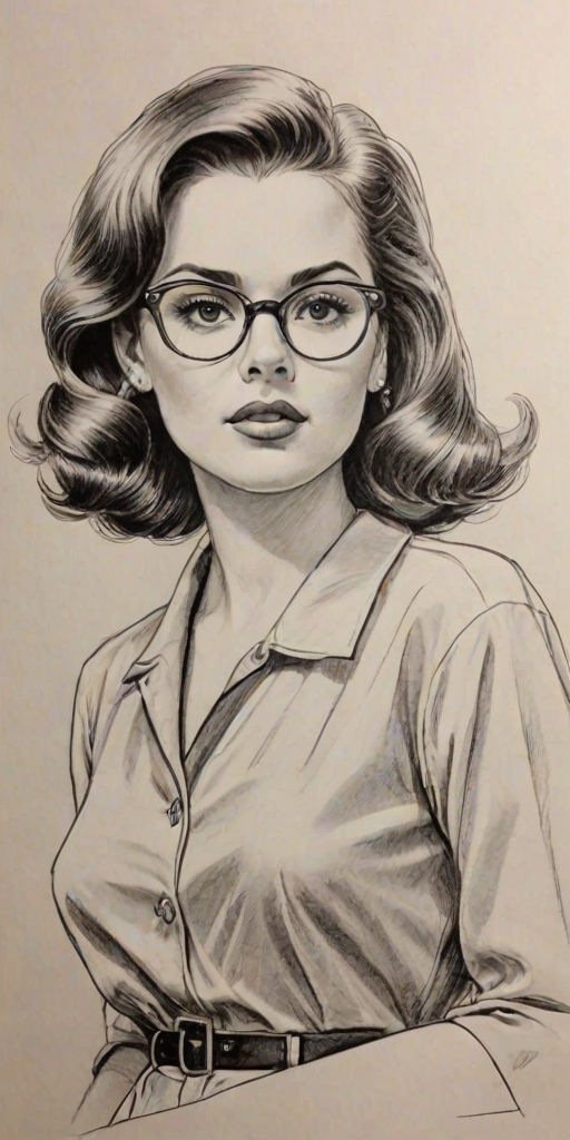 Comely JoJo, pencil sketch, portrait of Captivating woman 1950s in glasses, hair style beatnik, outline, clear lines, fine lines, 8k