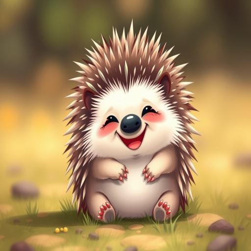 Create a high-resolution illustration of a cute hedgehog sitting with a joyful expression, captured with a DSLR camera at f/2.8 aperture, 50mm lens, soft natural lighting, and a shallow depth of field to enhance background blur.