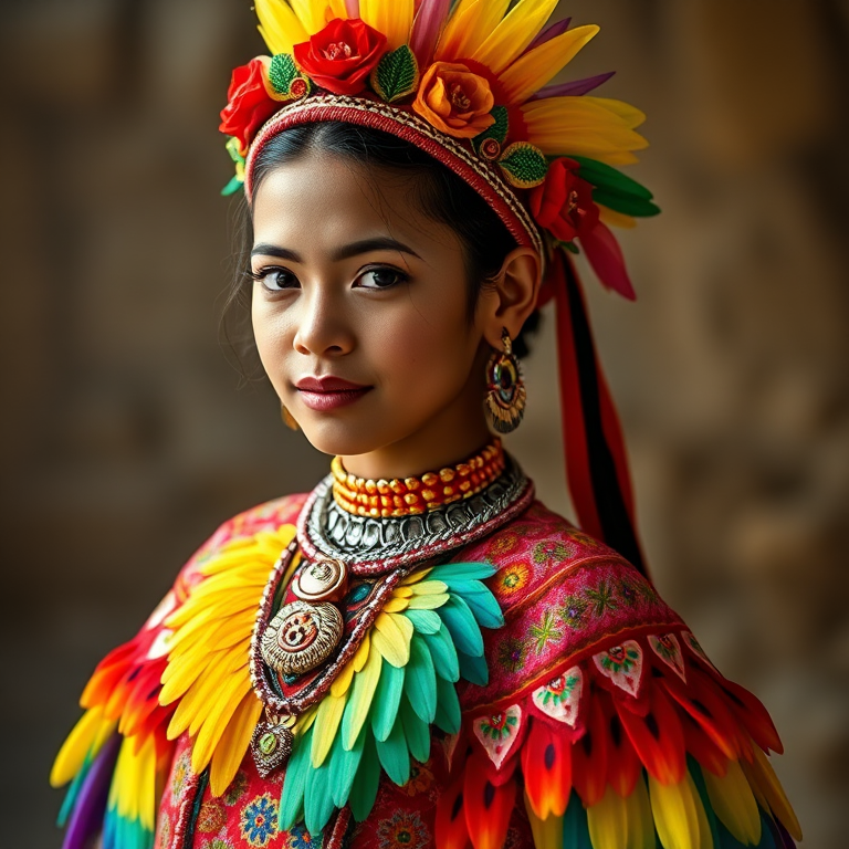 A beautiful Maya girl, wearing colorful bird clothing with vibrant colors