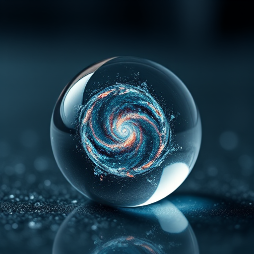 Create a highly detailed, hyper-realistic image of a glass droplet containing a swirling galaxy, captured with a Canon EOS R5 at f/1.4, ISO 100, with a 50mm lens, using soft focus background and dramatic lighting to enhance reflections and textures.