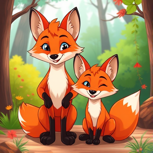 Generate a high-resolution illustration of two cartoon foxes, one standing confidently and the other sitting playfully, in a colorful forest setting; use a digital art style with vibrant colors and smooth lines; camera type: digital illustration software; camera settings: 300 DPI, full color, 16:9 aspect ratio; camera view: eye level.