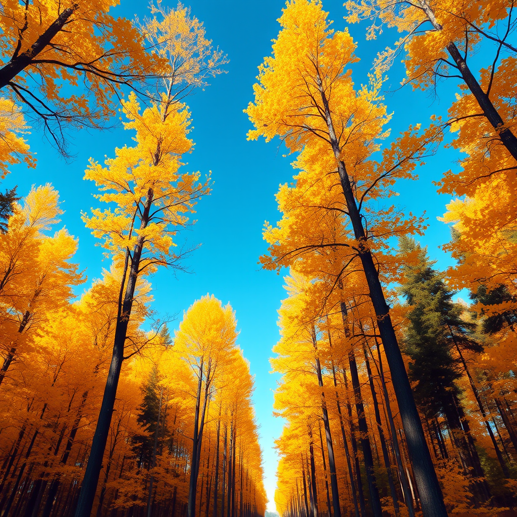 Create a vibrant digital illustration of a forest with tall trees and golden leaves under a clear blue sky, using a 50mm lens at f/2.8, ISO 100, and a warm color palette for enhanced depth and contrast, capturing a painterly style reminiscent of impressionism.