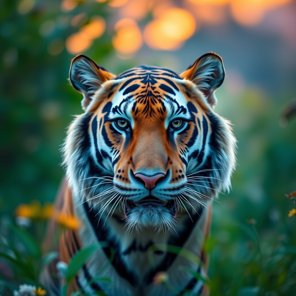 Capture a close-up portrait of a tiger in a lush, colorful environment during golden hour using a DSLR camera, 50mm lens, aperture f/1.8, ISO 100, shutter speed 1/200s, with a shallow depth of field to enhance the bokeh effect.