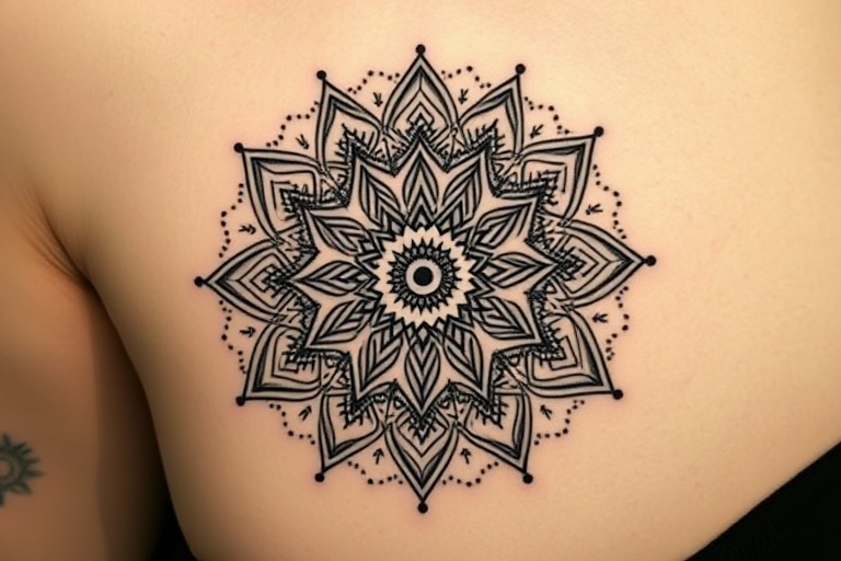 Dotwork mandala tattoo called "Sacred Geometry" showcasing intricate patterns and symmetrical designs created entirely with tiny dots in varying densities of black ink