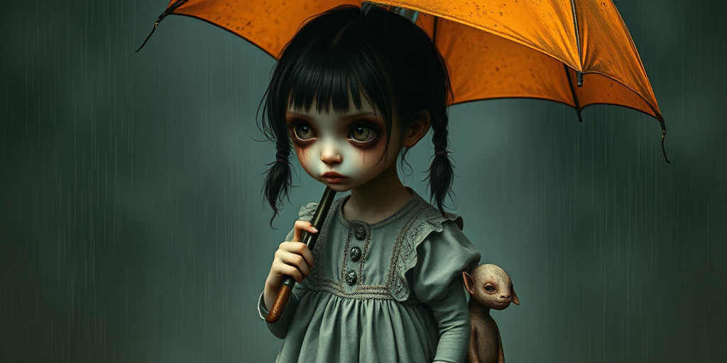 An eerie, weird little girl with dark hair in thin pigtails, wearing a smock dress, standing in the rain, holding a dirty orange umbrella, a small, odd creature beside her. In a surreal style inspired by Nicoletta Ceccoli and Brian Froud. Dark fantasy themes