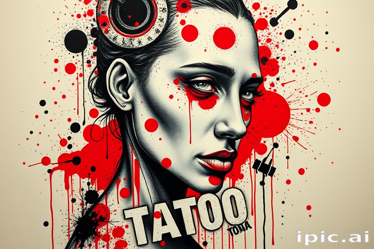 Striking trash polka tattoo combining realistic portraits with abstract elements, utilizing bold red and black ink splatters, typography, and geometric shapes for a chaotic yet harmonious composition