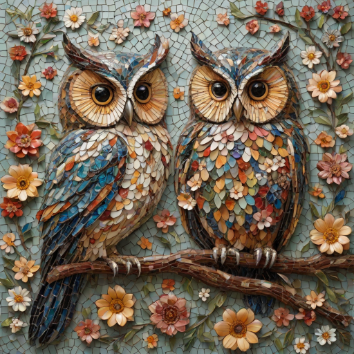 A mosaic of floral owls, each owl intricately composed of individual flower blossoms. The design showcases a delicate balance of nature and form, where the feathers of the owls are replaced by vibrant petals and blooms. The overall appearance is whimsical yet detailed, with each floral element contributing to the intricate patterns of the owl’s body. The artwork embraces a raw, organic style, with natural hues and soft textures, creating a harmonious blend of flora and fauna. The mosaic arrangement adds depth and visual intrigue to the piece, evoking a sense of wonder and artistic beauty.
