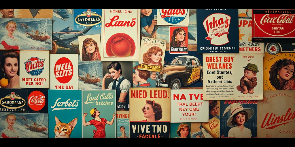 vintage advertisement collage, high resolution, soft focus, warm lighting, 50mm lens, f/2.8 aperture, ISO 100, top-down view, shot with a DSLR camera