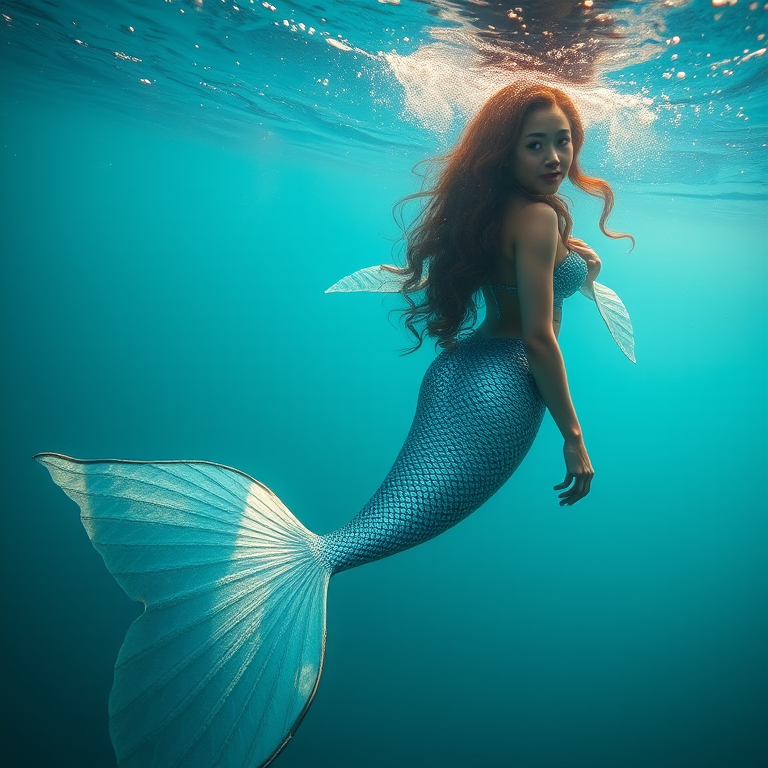 Create a hyper-realistic underwater scene featuring a mermaid with a detailed, shimmering tail and intricate hair, shot with a DSLR camera at f/1.8 aperture, ISO 100, 50mm lens, using a vibrant color style and wide-angle view to enhance depth and clarity.