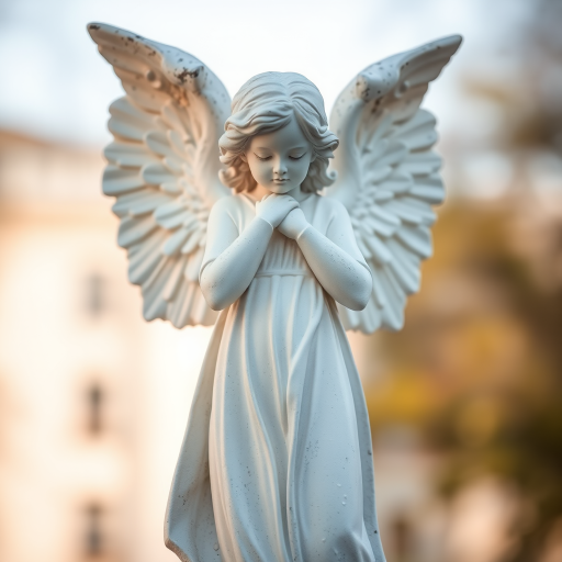 Capture a high-resolution image of a white angelic statue with detailed wings, using a DSLR camera with a 50mm lens, aperture set to f/1.8 for shallow depth of field, ISO 100 for clarity, and soft natural lighting against a blurred background for emphasis on the sculpture.