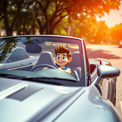 Generate a high-quality image of a sports car convertible with a cartoon character as the driver, captured from a low angle view with a 50mm lens at f/1.8, ISO 100, in bright daylight to enhance colors and details.