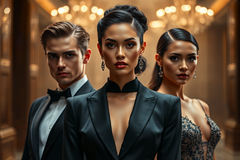 Regenerate a high-fashion portrait of three elegantly dressed individuals in formal attire, with dramatic lighting and a blurred background; camera settings: aperture f/2.8, ISO 100, shutter speed 1/125s; camera view: front view; camera style: portrait; camera type: DSLR.
