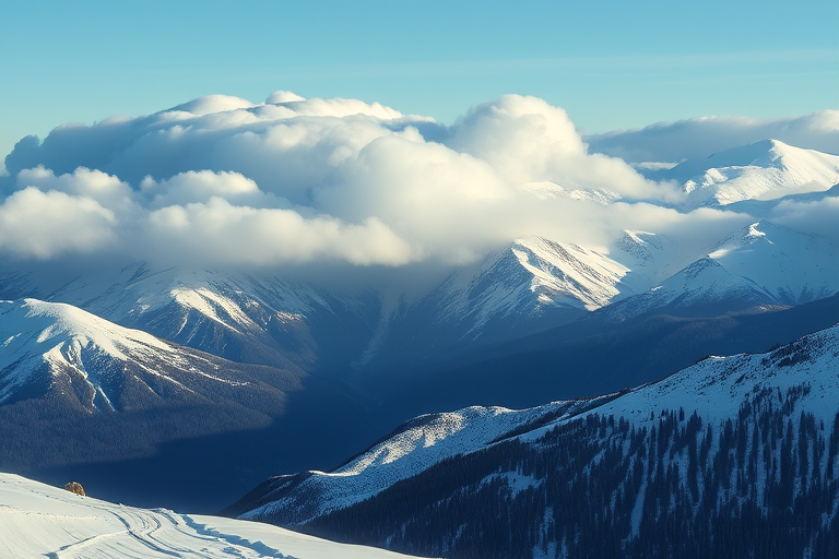 Create a high-resolution image of a snow-covered mountain landscape with dramatic clouds rolling over the peaks, captured in soft morning light, using a wide-angle lens at f/8, ISO 100, shutter speed of 1/200 sec, shot from a high vantage point with a DSLR camera in landscape mode.