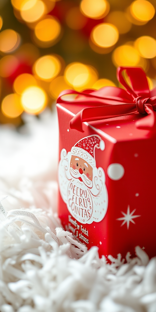 regenerate an image of a red Christmas gift box decorated with a Santa Claus design sitting on a soft white fluffy surface, taken with a DSLR camera, 50mm lens, aperture f/2.8, ISO 100, natural lighting, shallow depth of field