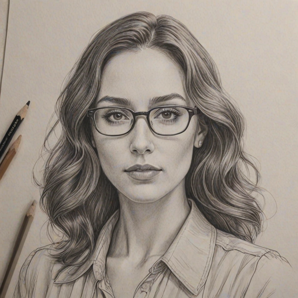 Graceful Troian Bellisario, pencil sketch, portrait of Superb woman 1942s in glasses, hair style beatnik, outline, clear lines, fine lines, 8k